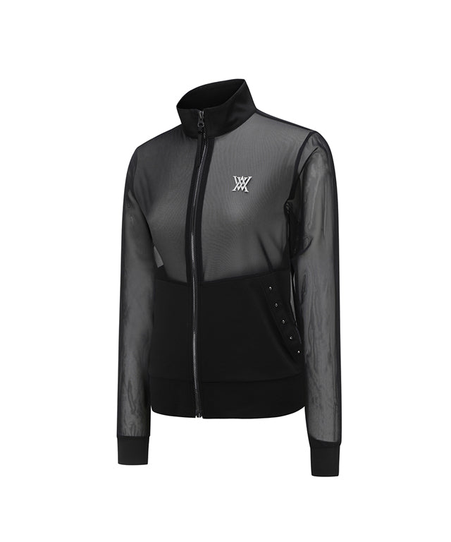 ANEW Golf Women's IT Mesh Full Zip-Up Jacket in black, featuring a stylish design with nickel-colored zippers and stud work on pockets.